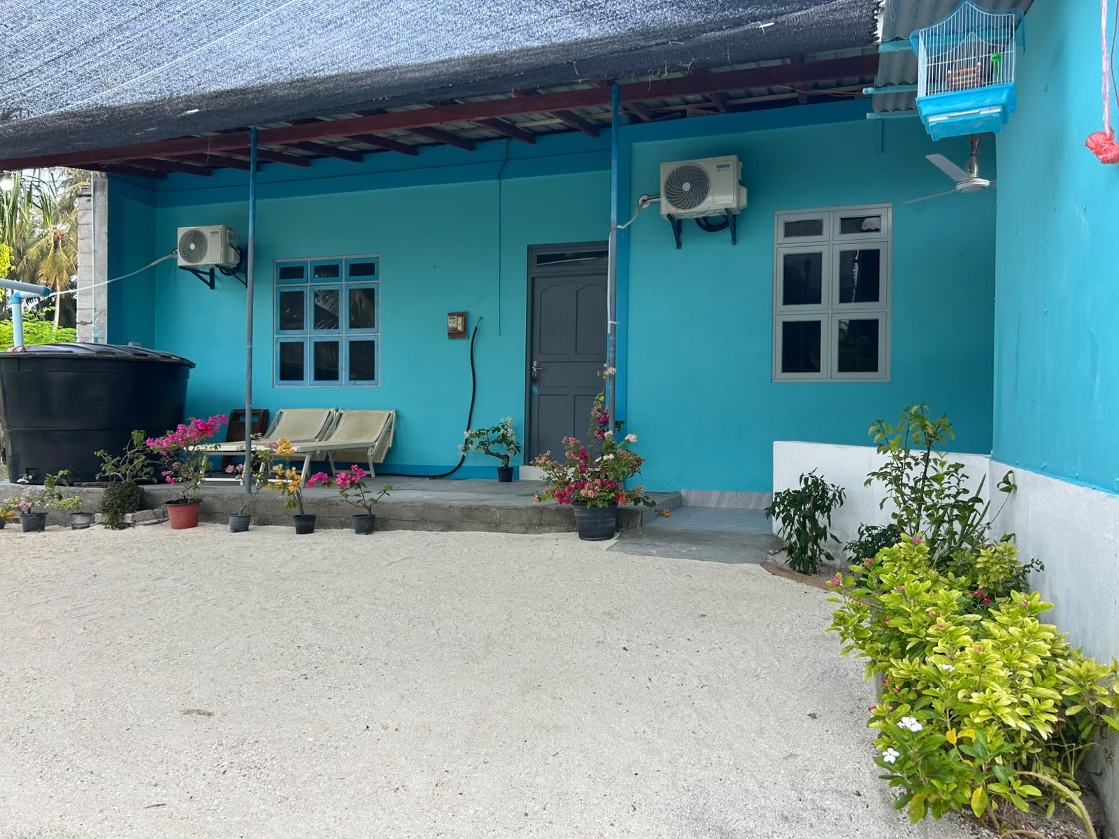 Front of the turquoise-painted guesthouse with a shaded veranda, two sun loungers and potted bougainvillea in bloom